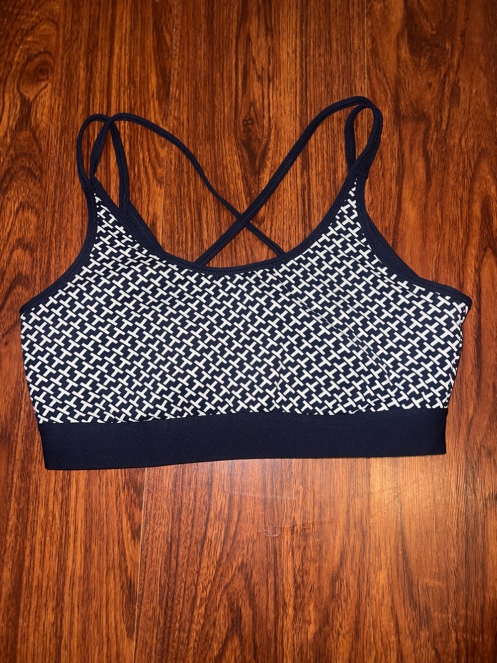Tory Sport Navy and White Crossback Patterned Sports Bra